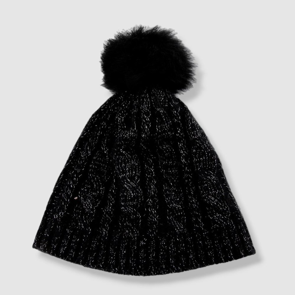 SofiaCashmere Black & Silver Metallic Beanie Hat w Genuine Shearling Pom Pom